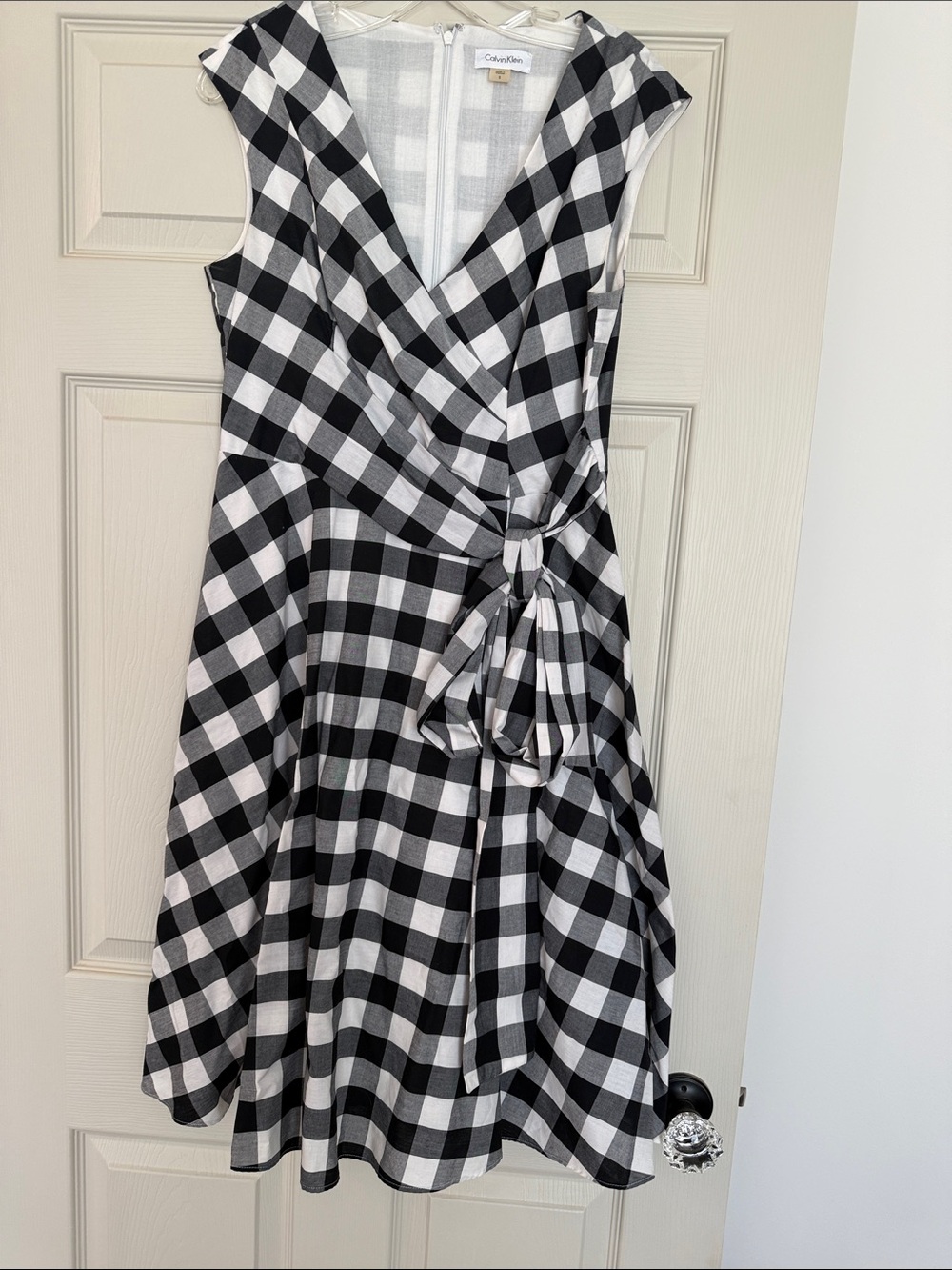 Calvin Klein Black and White Gingham Wrap Midi Dress